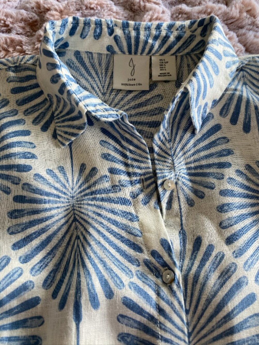 Joie 100% Linen Blue & White Floral Button-Front Blouse Size S